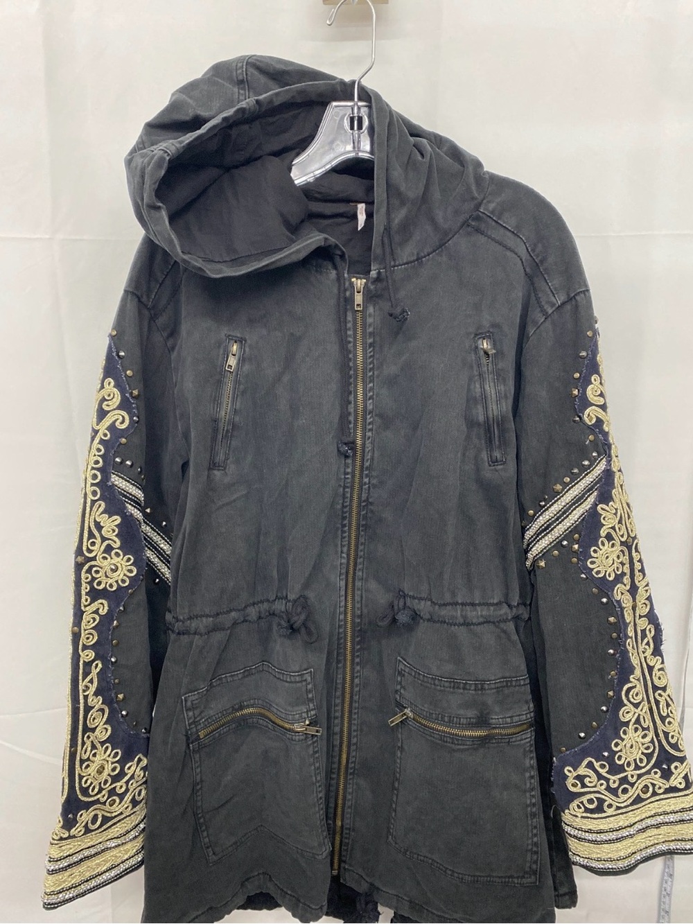 Free people Black Hooded Zip-Front Jacket with Embroidered Sleeve Detail - Picture 1 of 3
